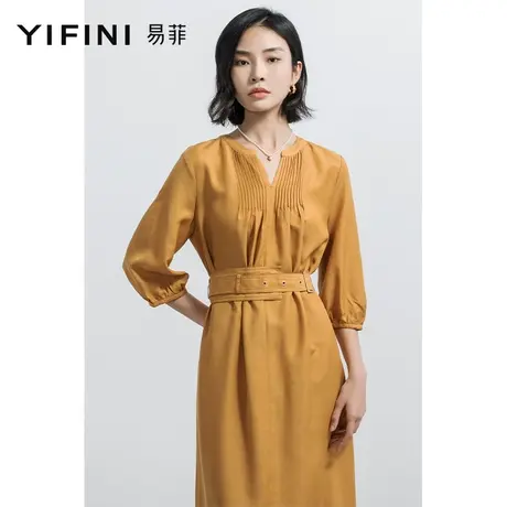 Yifini/易菲高腰直筒廓形连衣裙灯笼中袖裙子2023春夏新款女长裙商品大图