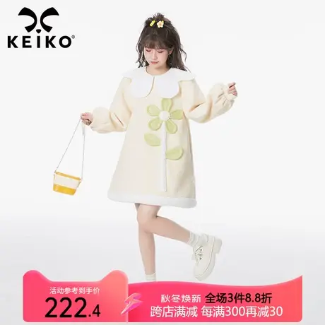 KEIKO绝美奶fufu扎花毛呢连衣裙2023秋冬小众设计加厚a字裙图片