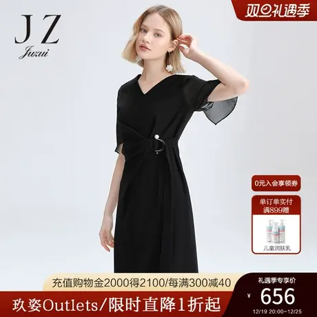 JUZUI/玖姿官方奥莱店春季新款黑色V领三醋酯收腰女连衣裙商品大图