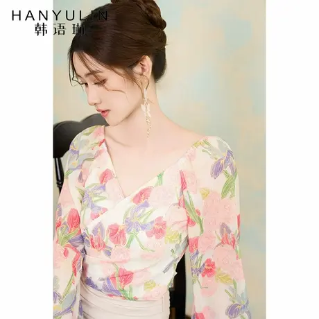 衬衫2025新款女轻奢高级感春设计感小众短款长袖v领印花上衣小衫商品大图