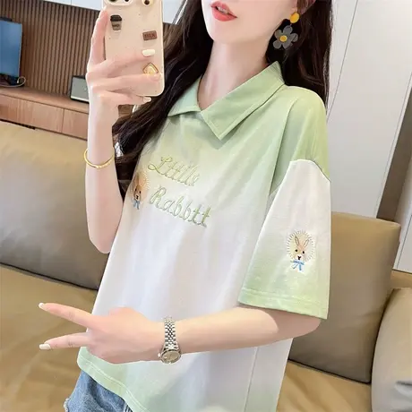 翻领polo衫小个子短袖t恤女夏季韩版宽松大码女装渐变色扎染上衣商品大图