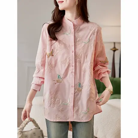 宝诗黎新中式亮丝刺绣长袖衬衫女2025春季宽松洋气百搭休闲衬衣图片