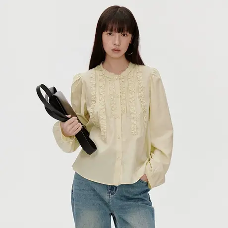 omont蛋挞家 复古立领荷叶边长袖衬衫2025春季小众别致温柔上衣图片