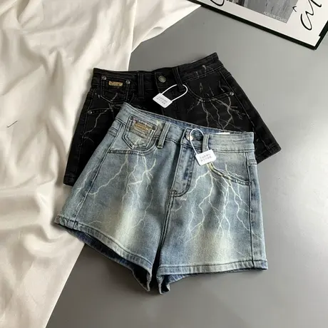 网红爆款甜酷风闪电纹高腰牛仔短裤女洗水百搭显瘦阔腿辣妹热裤潮商品大图