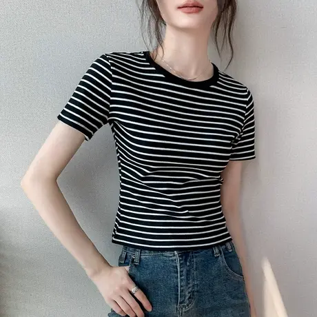 歌倍尚撞色条纹圆领小众短袖T恤女2025正肩别致修身衬衫内搭上衣图片