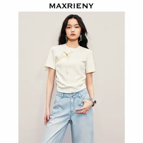 【奥莱】MAXRIENY新中式绣花短袖T恤女收腰上衣修身商品大图