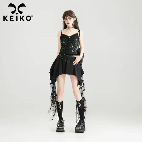 KEIKO 未来感印花吊带上衣两件套25夏季辣妹黑色背心+半身裙套装商品大图