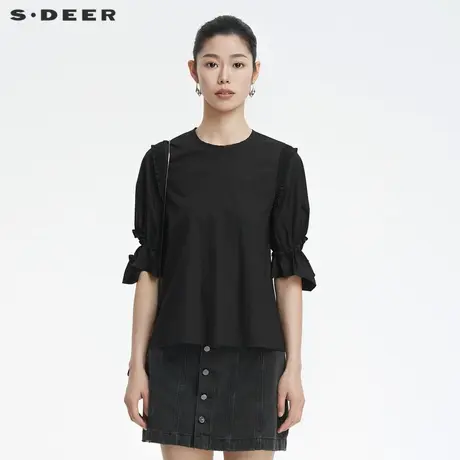 S·DEER圣迪奥甜美抽褶不规则泡泡袖衬衫S22280401商品大图