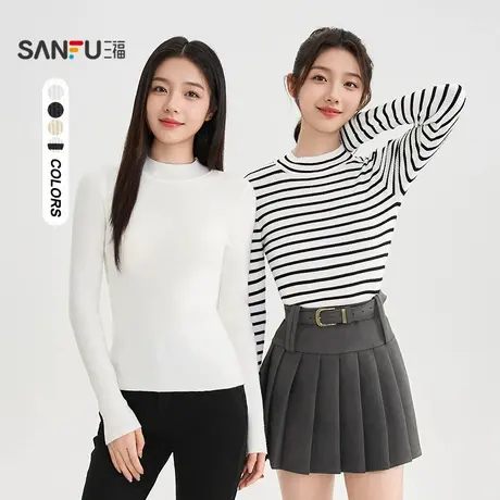 三福打底毛衫2025冬季立领条纹时尚毛针织衫上衣女装502507商品大图