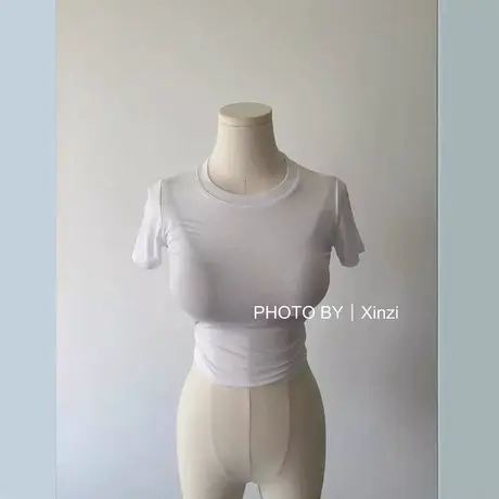 速发~韩国东大门性感圆领基础款简约显身材露腰高弹T恤图片
