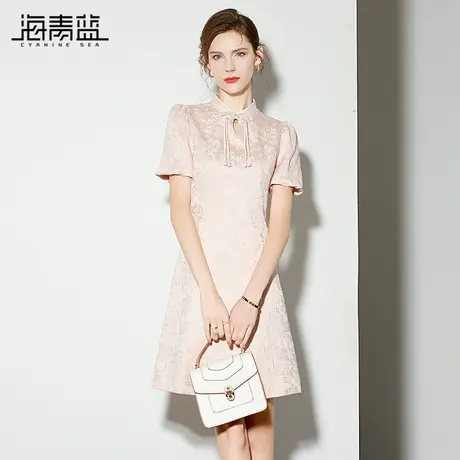 海青蓝2024夏季新款气质收腰改良旗袍裙泡泡袖新中式提花连衣裙女商品大图