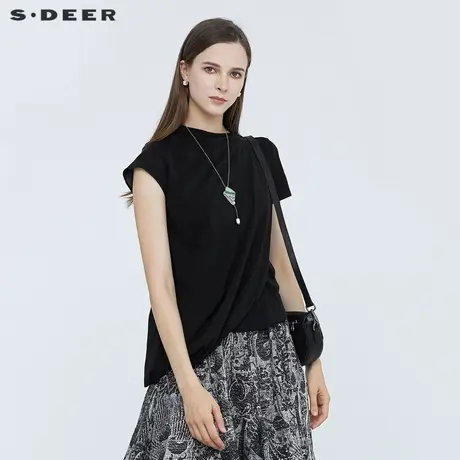 sdeer圣迪奥女夏装简约圆领雪纺不规则短袖T恤S21280198图片