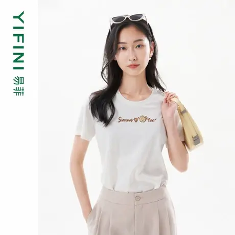 [专柜同款]Yifini/易菲宽松百搭钉珠短款时尚圆领T恤女夏装新图片