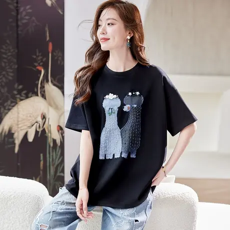 宝诗黎钉珠印花黑色短袖T恤2025夏季韩版洋气休闲宽松大码女装潮图片