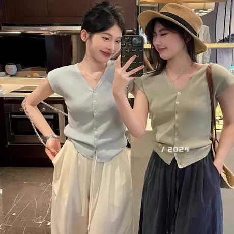 小飞袖v领冰丝针织开衫短袖t恤女2025新款夏季小个子修身辣妹上衣商品大图