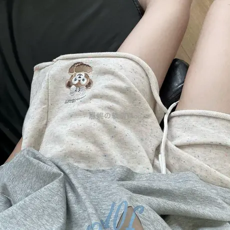 乖巧小熊~彩棉点点可爱刺绣休闲短裤女宽松显瘦阔腿五分运动裤夏图片