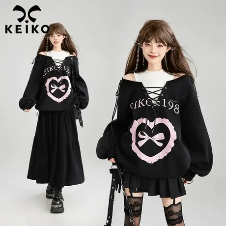 KEIKO 美式高街黑色假两件卫衣25早春甜妹绑带饰印花宽松斜肩外套图片