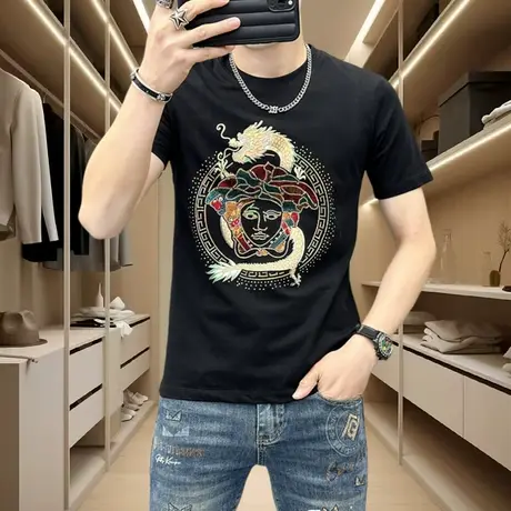 欧洲站网红短袖T恤男2024夏季潮流帅气爆款帽子印花烫钻半截袖图片