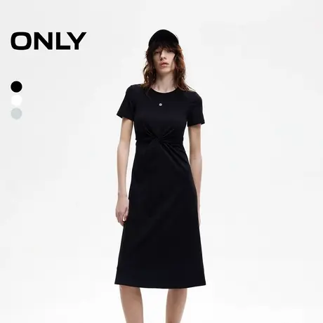 ONLY2025夏季新款简约小黑裙金属装饰扭结正肩圆领中长款连衣裙女图片