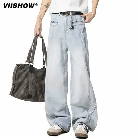 VIISHOW潮牌拼接设计感直筒阔腿牛仔裤男款秋季美式复古宽松裤子图片