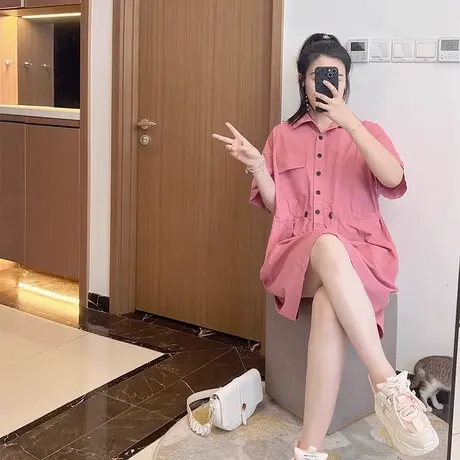 休闲工装连衣裙2024年韩版宽松大码胖mm显瘦遮肚子减龄裙子短袖夏图片