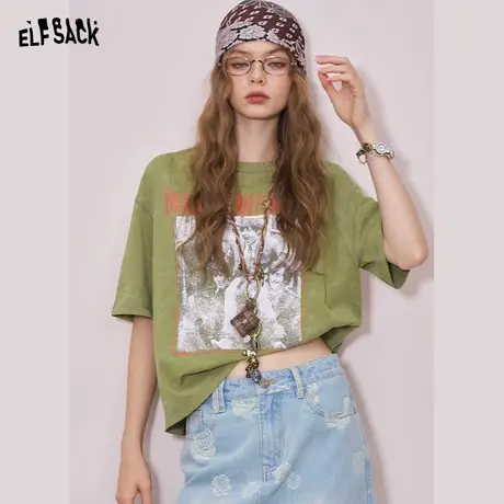 妖精的口袋美式复古印花短袖t恤女2025年夏季新款宽松设计感上衣图片