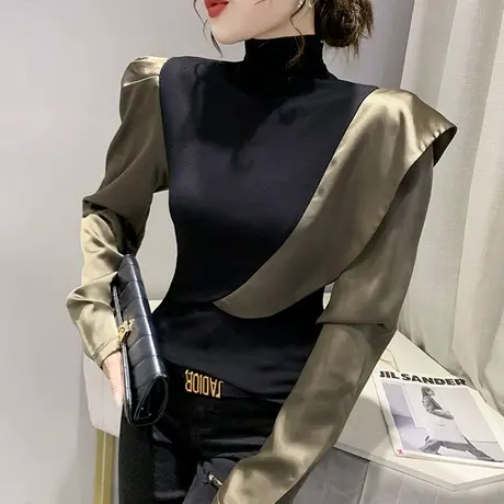 时尚荷叶边上衣女抖音同款撞色洋气T恤长袖内搭半高领打底衫春秋商品大图