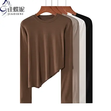 秋冬新款圆领修身显瘦纯色纯棉不规则下摆长袖体恤上衣女打底衫商品大图