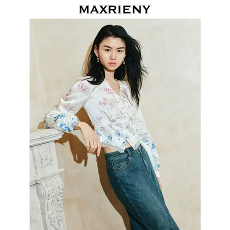 MAXRIENY新中式玉兰雪纺衫修身印花上衣高级气质感女装修身显瘦商品大图