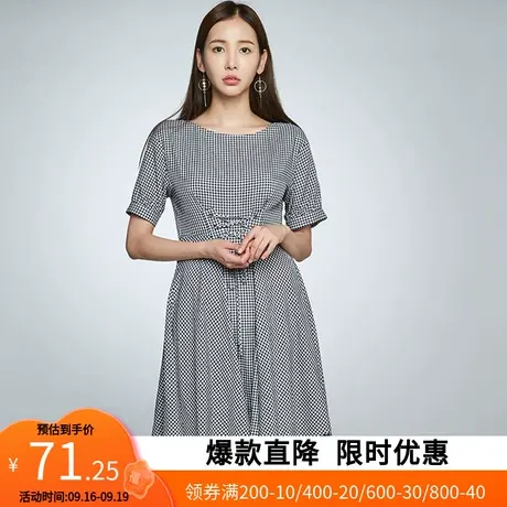 艾格2022新款夏收腰修身短袖中长a字气质显瘦格子连衣裙女士Y1778图片