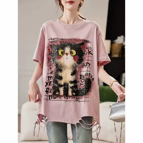 宝诗黎中长款亮片印花短袖T恤2025夏季韩版宽松百搭棉质休闲上衣商品大图