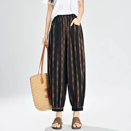 早菲2025夏季新款时尚百搭棉麻休闲长裤高腰显瘦黑色哈伦裤灯笼裤商品大图