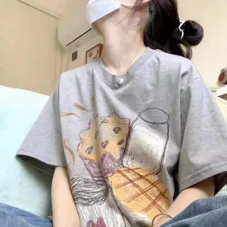 oversize欧货美式复古正肩纯棉短袖T恤女夏设计感小众体恤上衣服商品大图