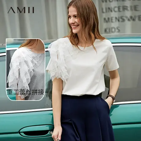 Amii2025夏季新款蕾丝拼接T恤女气质设计感短袖宽松棉弹力上衣女图片
