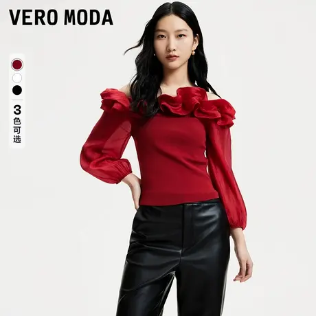 Vero Moda针织衫女春季微透荷叶边一字肩七分袖324124025图片