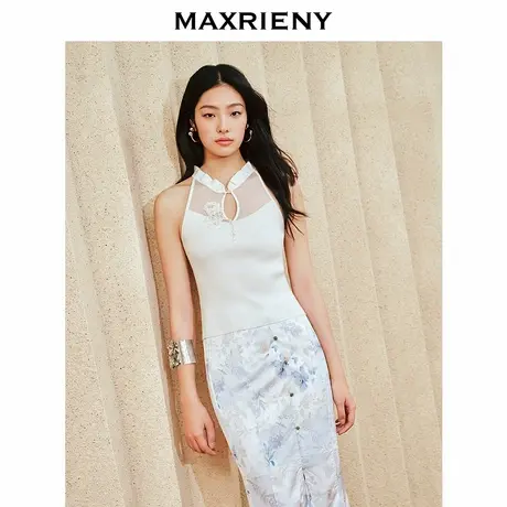 【奥莱】MAXRIENY新中式套头毛衫荷叶领镂空绣花上衣修身商品大图