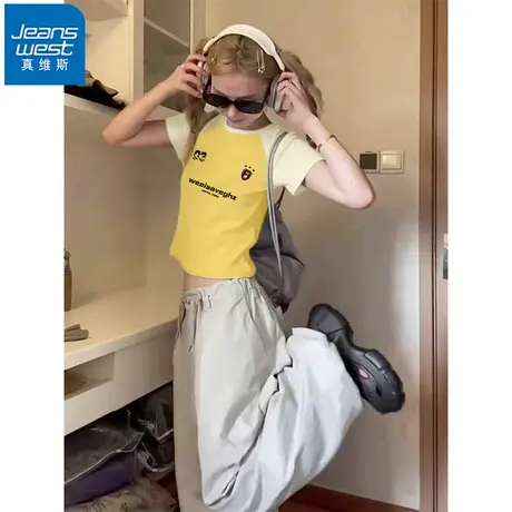 NR真维斯美式插肩袖短袖t恤女夏季新款修身短款性感甜辣拼色上衣图片