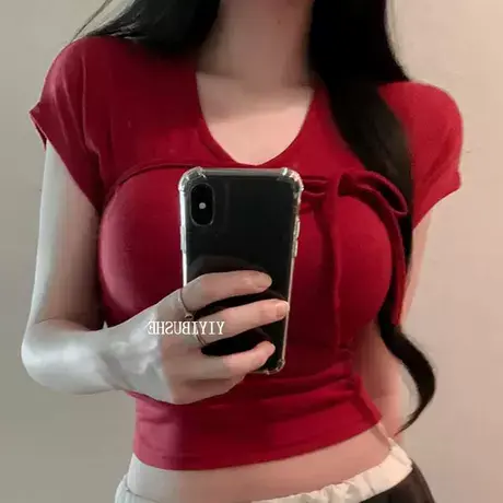 现货 东大门LX521辣妹显身材~性感女人味系带露腰短袖T恤上衣图片