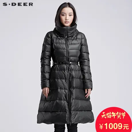 sdeer圣迪奥2017冬装立领简约亮黑A字腰带长款羽绒服女S16482474图片