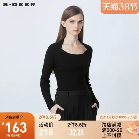 sdeer圣迪奥2021秋冬新品罗纹圆领拼接不规则黑色针织衫S21463565图片