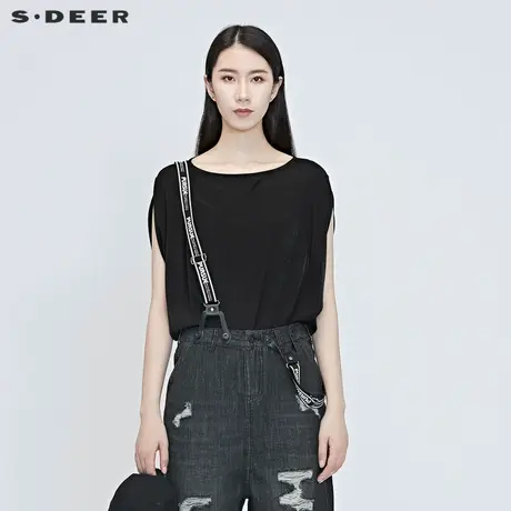 sdeer圣迪奥女夏装拼接蝙蝠袖亲肤透气黑色T恤S20280182图片