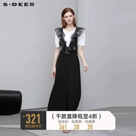 sdeer圣迪奥夏季直筒背带裤女少女波点网纱黑色阔腿长裤S222Z1014图片