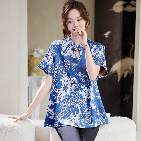 宝诗黎新中式印花短袖衬衫女2025夏季时尚气质百搭宽松雪纺衬衣图片