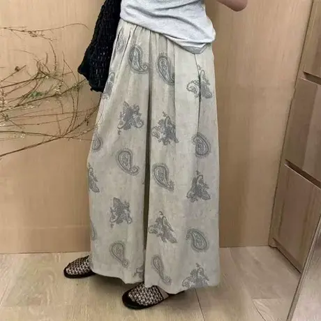 2025洋气夏季新款百搭文艺印花休闲裤宽松松紧腰显瘦阔腿裤女裤潮商品大图