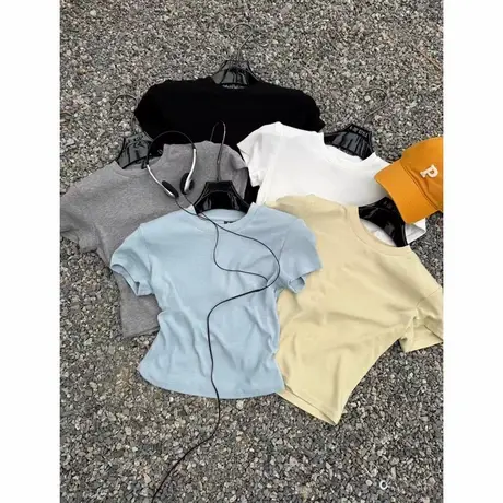 韩国东大门2025春夏新款正肩圆领短袖t恤女修身百搭显瘦休闲上衣图片