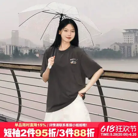 2025新款古着感学院风深灰色短袖t恤女宽松卡通兔子印花半袖上衣商品大图