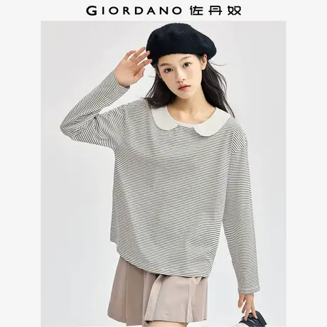 佐丹奴T恤女装纯棉条纹撞色娃娃领针织长袖T恤 13324717商品大图