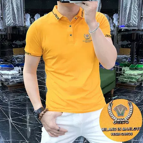 2025夏季新款男装翻领t恤潮牌翻领半短袖上衣修身商务POLP衫黄色图片