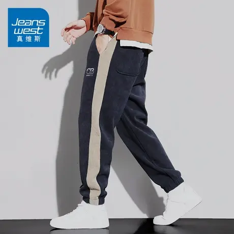 KZ真维斯侧边条纹运动休闲裤男士宽松紧灯芯绒博奥绒男裤子春秋季商品大图