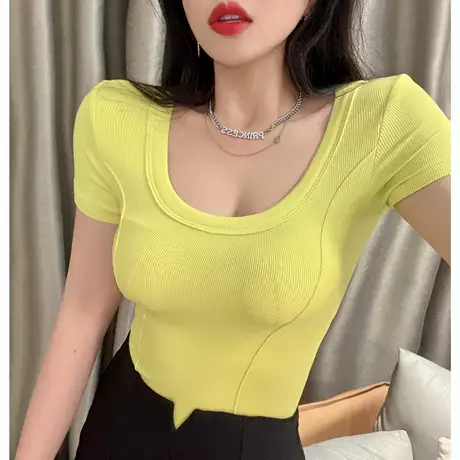 2022夏季新款韩版修身显瘦大领口露锁骨短袖T恤内搭纯色u领上衣女商品大图